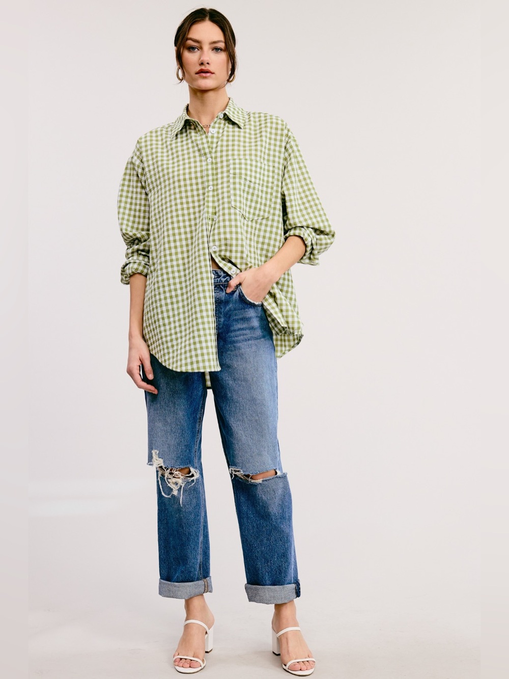 NWT Mimosa Oversized Gingham Button Down Shirt in Leaf Medium